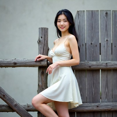 Asian woman leaning on wooden fence