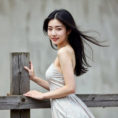 Asian woman leaning on wooden fence