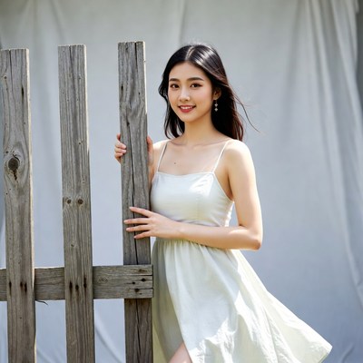 Asian woman leaning on wooden fence
