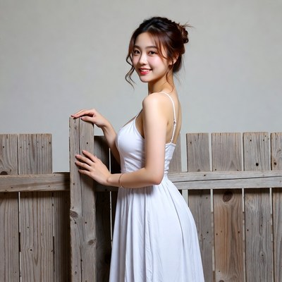 Asian woman leaning on wooden fence