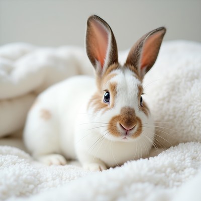 Cute white bunny on fluffy blanket