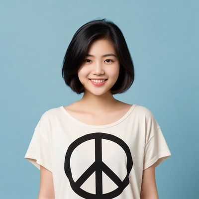 Asian woman wearing peace sign t-shirt
