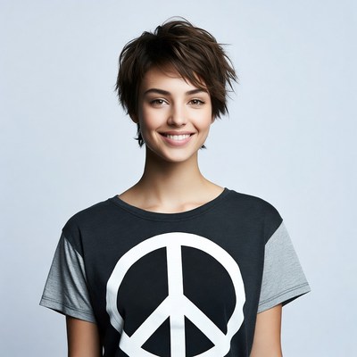 Smiling woman in peace sign t-shirt