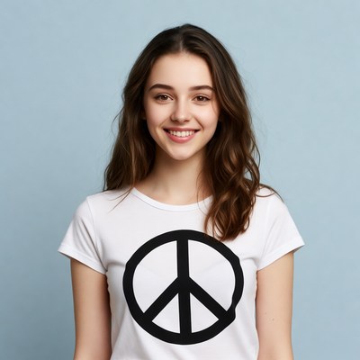 Young woman in peace sign t-shirt