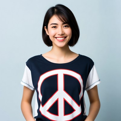 Asian woman smiling in peace sign shirt