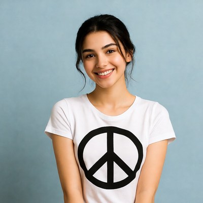 Smiling woman in peace sign t-shirt