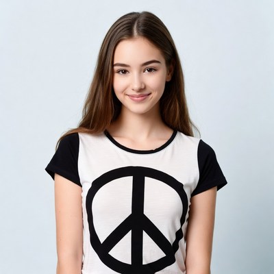 Young woman in peace sign t-shirt