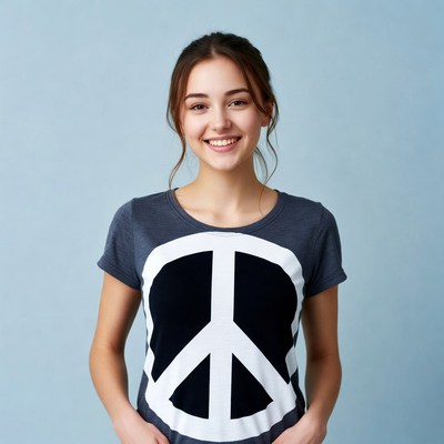 Smiling girl wearing peace sign t-shirt