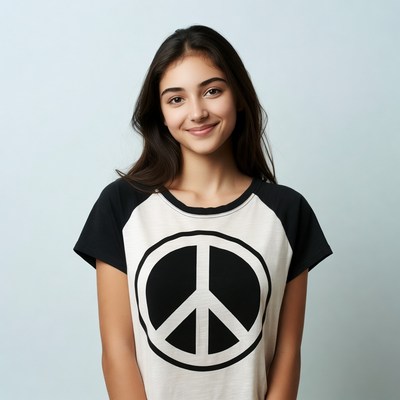 Young woman smiling in peace sign t-shirt