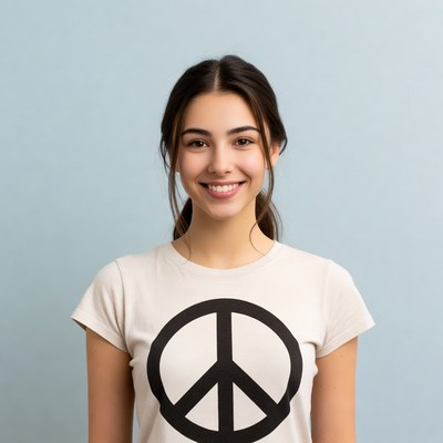 Smiling woman in peace sign t-shirt