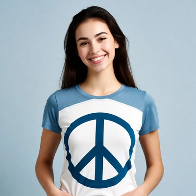 Smiling girl in peace sign t-shirt
