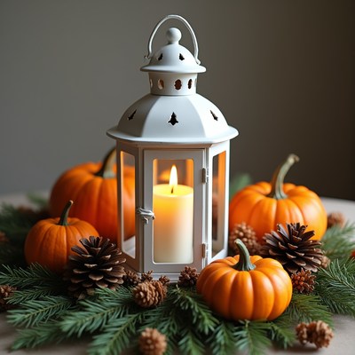 White Lantern with Pumpkins and Pine Cones
