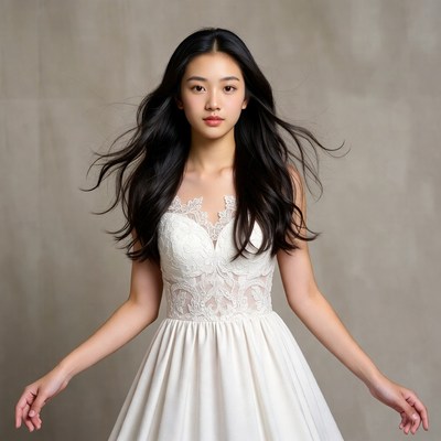 Asian woman in white lace dress