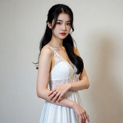 Asian woman in white lace dress
