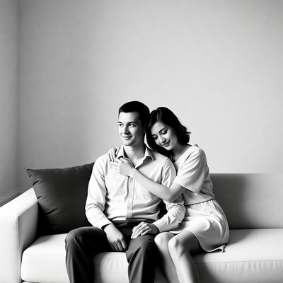 Asian couple embracing on sofa