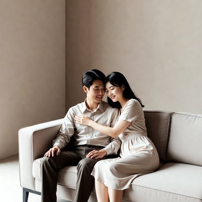 Asian couple embracing on sofa