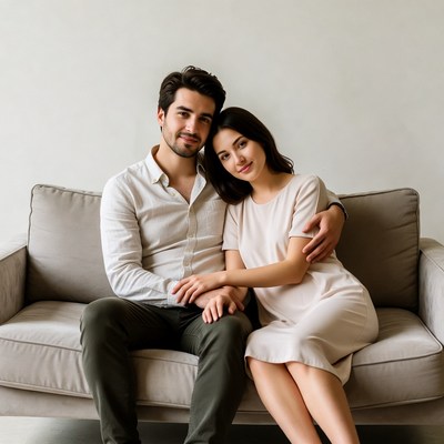 Young couple embracing on sofa