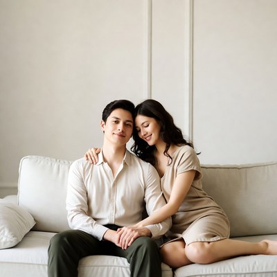 Asian couple cuddling on sofa
