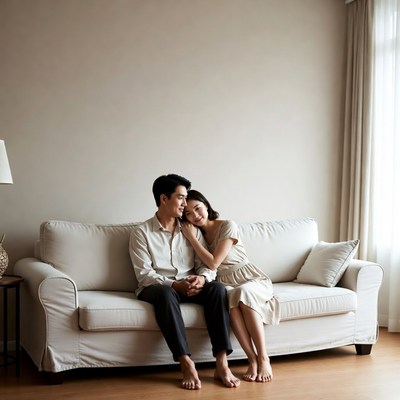 Asian couple cuddling on sofa