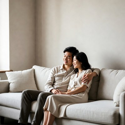 Asian couple cuddling on sofa