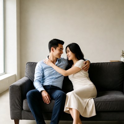 Asian couple embracing on sofa