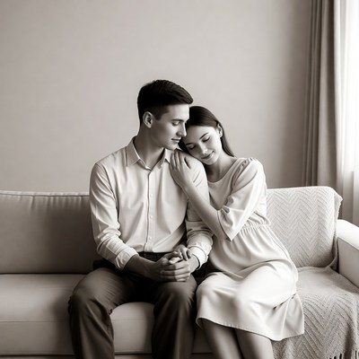 Young couple cuddling on sofa