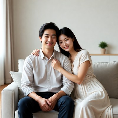 Asian couple smiling on sofa