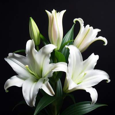 White Lilies on Black Background
