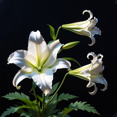 White Lilies on Black Background