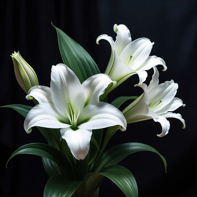 White Lilies on Black Background