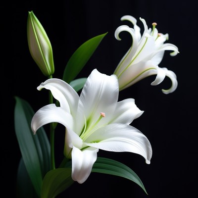 White Lilies on Black Background
