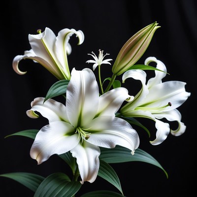 White Lilies on Black Background