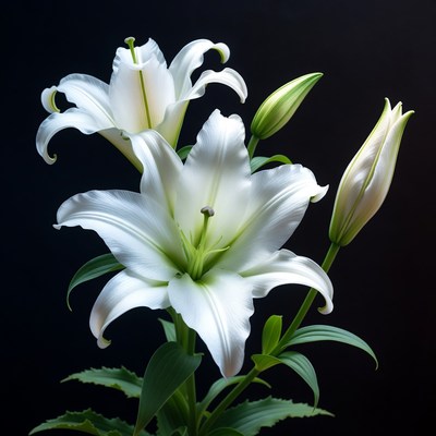White Lilies on Black Background