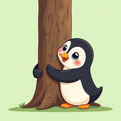 Cute penguin hugging tree