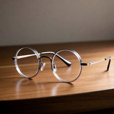 Round rimless eyeglasses on wooden table