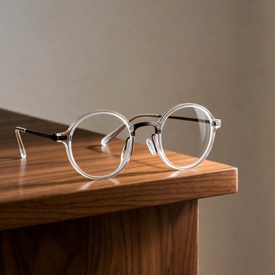 Clear round frame glasses on wooden table