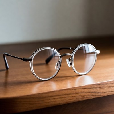 Round wire-rimmed glasses on wooden table