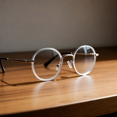 Round wire-rim glasses on wooden table