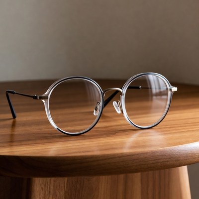 Round rimless eyeglasses on wooden table