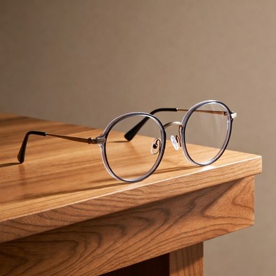 Round clear lens eyeglasses on wooden table