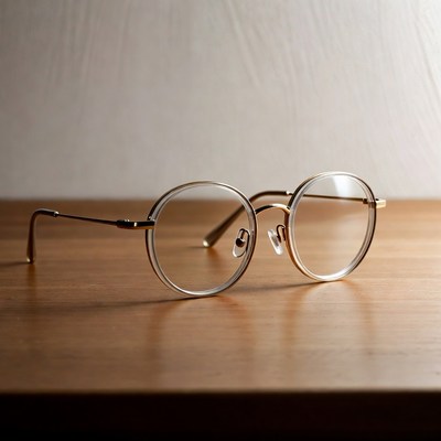 Round Gold Wire Glasses on Wooden Table