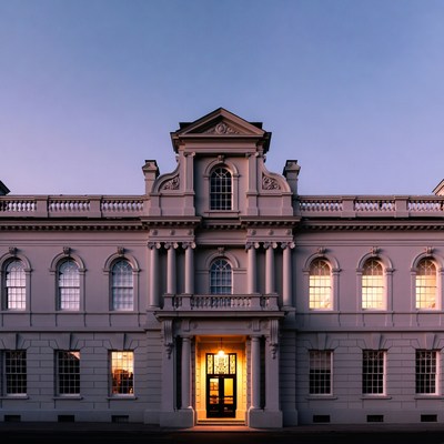 Grand neoclassical building at dusk