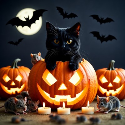 Black Cat in Jack-o-Lantern with Rats