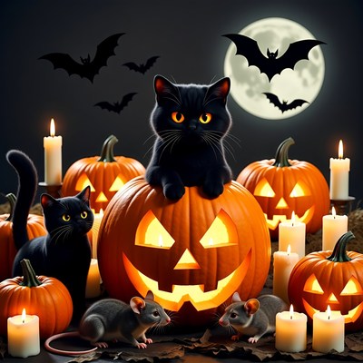 Black Cat on Jack-o-Lantern with Mice