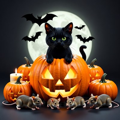 Black Cat on Jack-o-Lantern with Rats