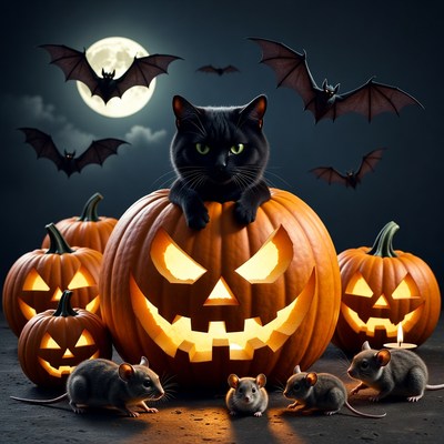 Black Cat on Halloween Pumpkin with Bats
