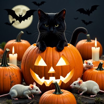 Black Cat in Jack-o-Lantern with Rats