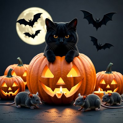 Black Cat on Halloween Pumpkin with Bats