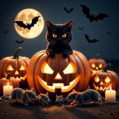 Black Cat on Halloween Pumpkin with Rats