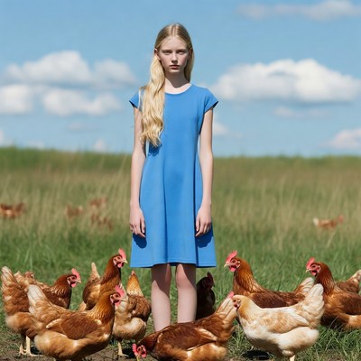 Blonde girl surrounded by chickens